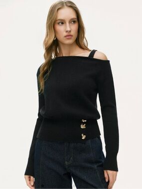 Cider Black Off-the-Shoulder Sweater with Gold Butterfly Buttons